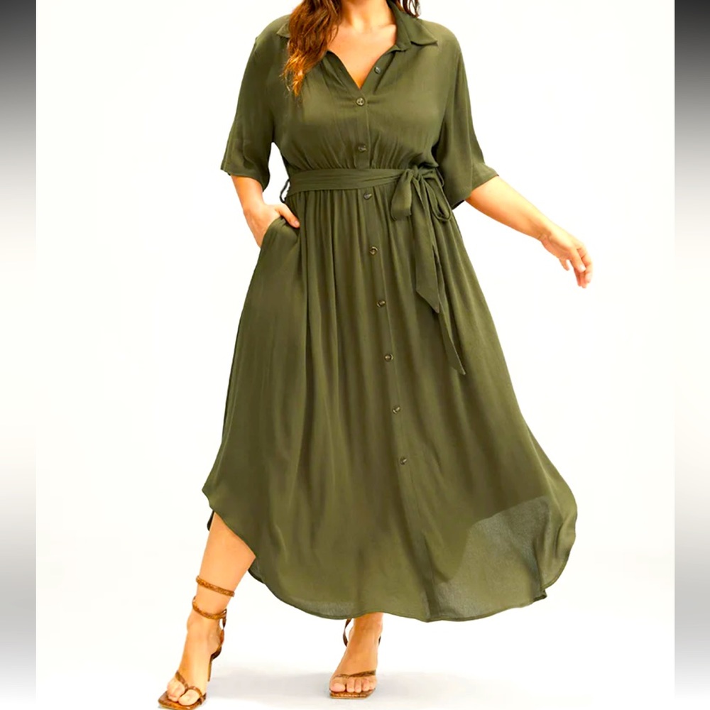 Solid Button Pocket Shirt Collar Belted Maxi Dress